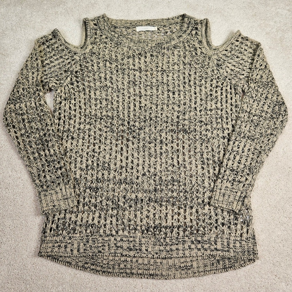 Womens Lush Cold Shoulder Sweater Chunky Knit Long Sleeve Beige Black Size Small